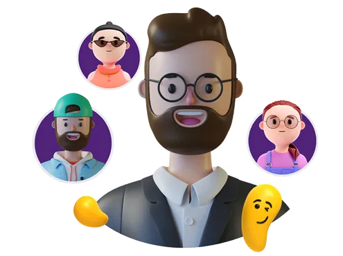 Creative Director surrounded by a winking Designity blob and other Creative Directors floating in circles.